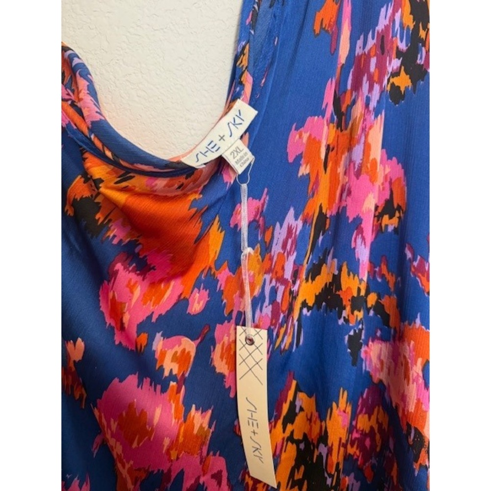 NWT-She+Sky One Shoulder Blouse 2XL Blue/Pink‎ Orange Abstract Floral - Picture 3 of 5